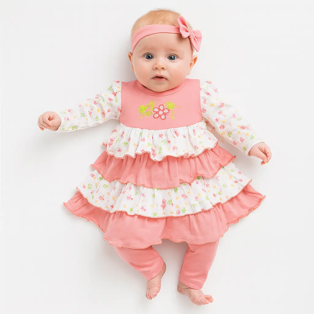 Floral Tiered Ruffle Baby Dress Set – Pink