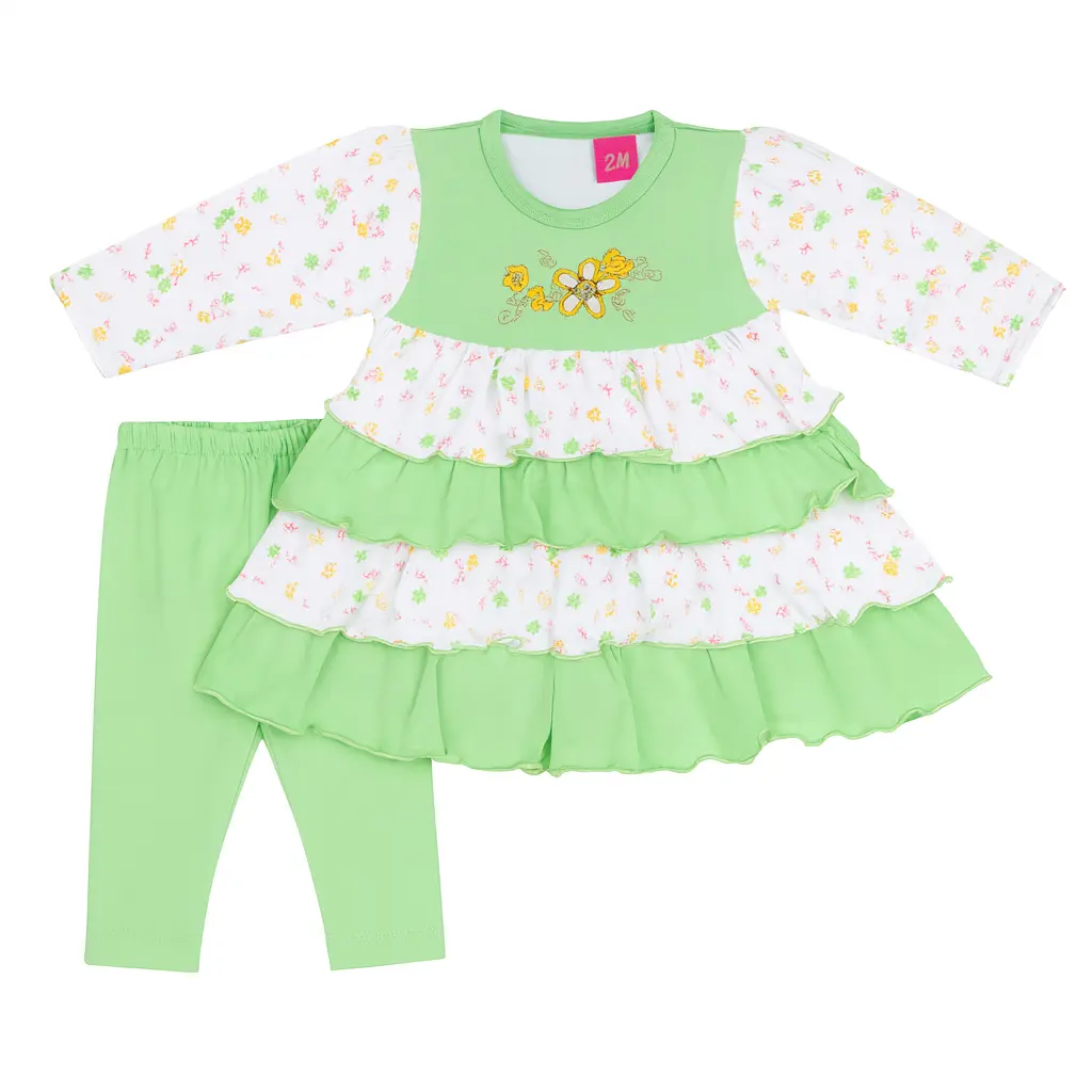 Floral Tiered Ruffle Baby Dress Set – Green